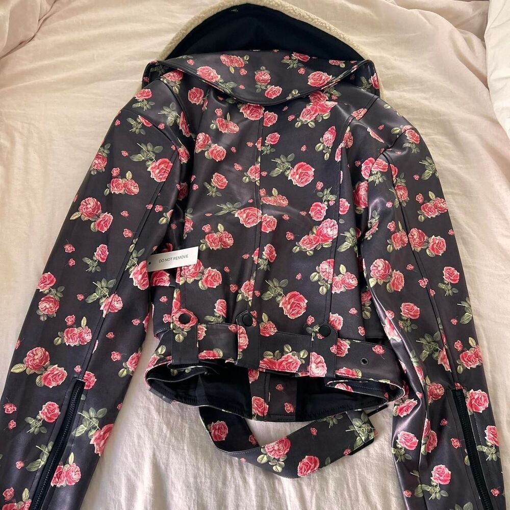 For Love & Lemons Wren Vegan Leather Moto Jacket Floral Rose Romantic Grunge new - Picture 5 of 7